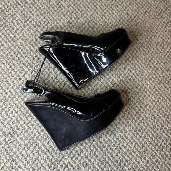 NWT 2000s vintage y2k Steve Madden black shiny chunky wedge ankle boot heels - Picture 3 of 6